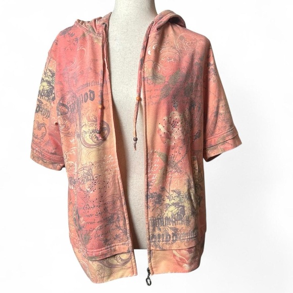 GreenTea Sweaters - Green Tea Coral XL Graphic Short-Sleeve Zip Hoodie